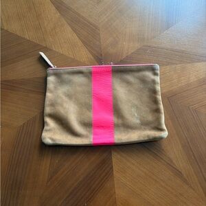 Tan Leather Clutch with Bold Pink Stripe